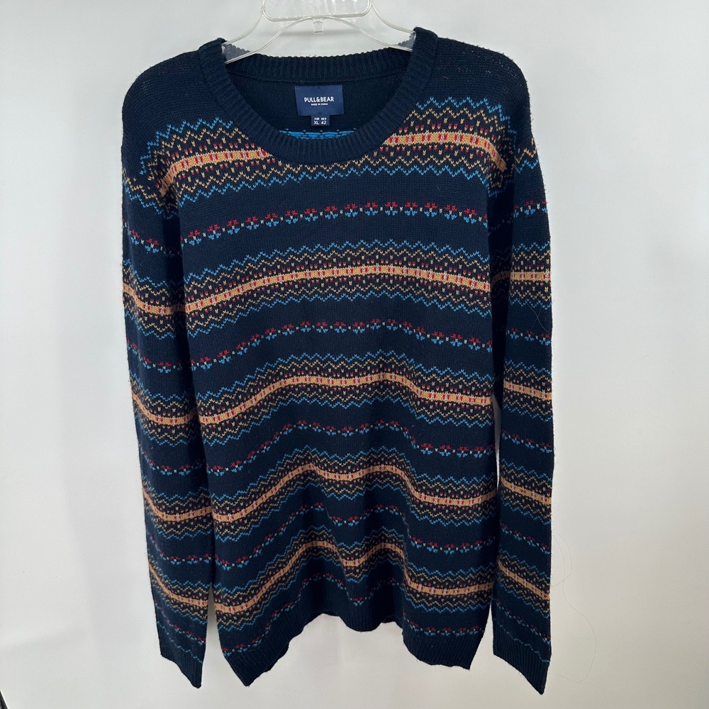 Pull&Bear Mens XL Fair‎ Isle Geometric Knit Crew Neck Sweater Navy Multicolor